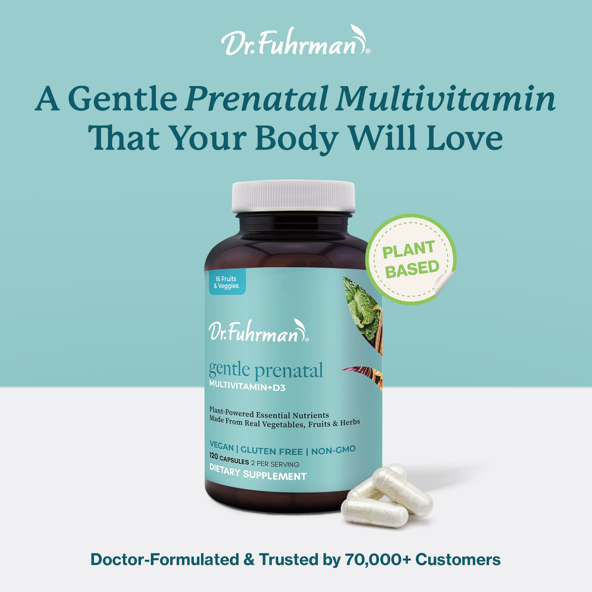 Dr. Fuhrman Prenatal packaging image communicates vegan D3 and natural folate messaging.
