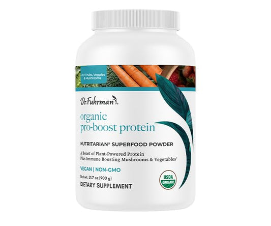 Dr. Fuhrman Pro-Boost bottle with vanilla flavor for daily plant-based protein.