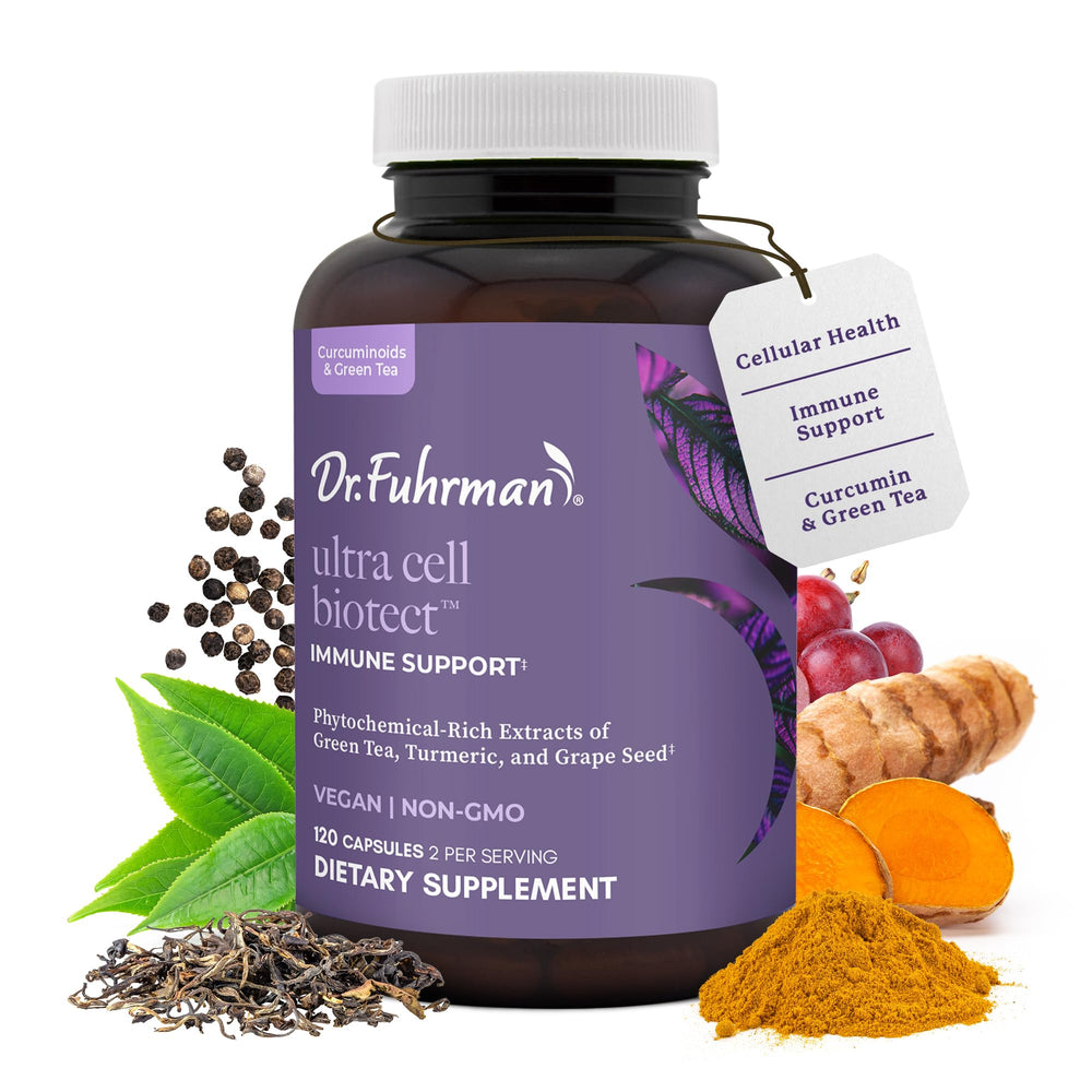Dr. Fuhrman Ultra Cell Biotect bottle front highlighting antioxidant support in daily wellness.