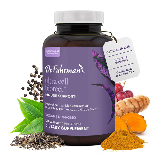 Dr. Fuhrman Ultra Cell Biotect bottle front highlighting antioxidant support in daily wellness.
