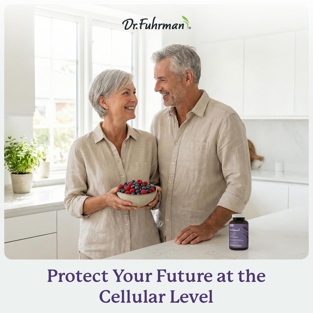 Dr. Fuhrman Ultra Cell Biotect bottle with water suggesting simple daily intake.