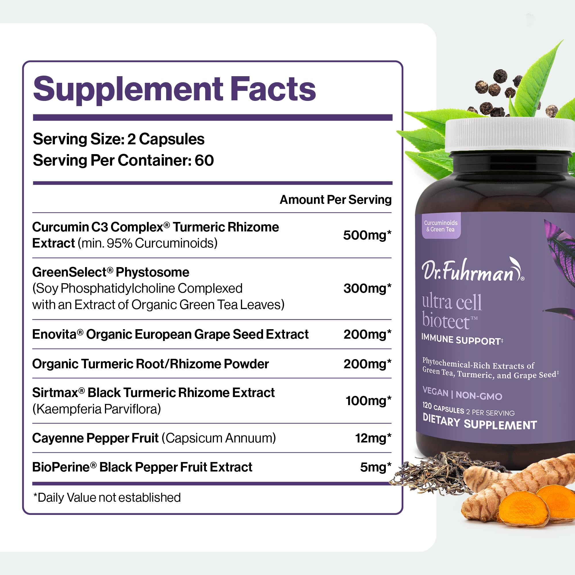 Dr. Fuhrman Ultra Cell Biotect label detail emphasizing turmeric and grape seed ingredients.
