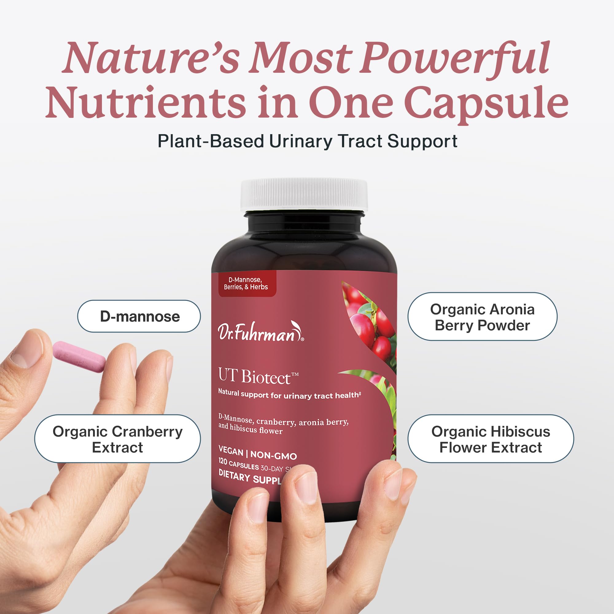 Aronia and hibiscus blend in Dr. Fuhrman UT Biotect provides antioxidant support.