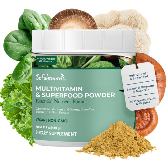 Dr. Fuhrman Whole Food Greens Powder tub label—nutrient-dense greens.