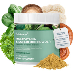 Dr. Fuhrman Whole Food Greens Powder tub label—nutrient-dense greens.