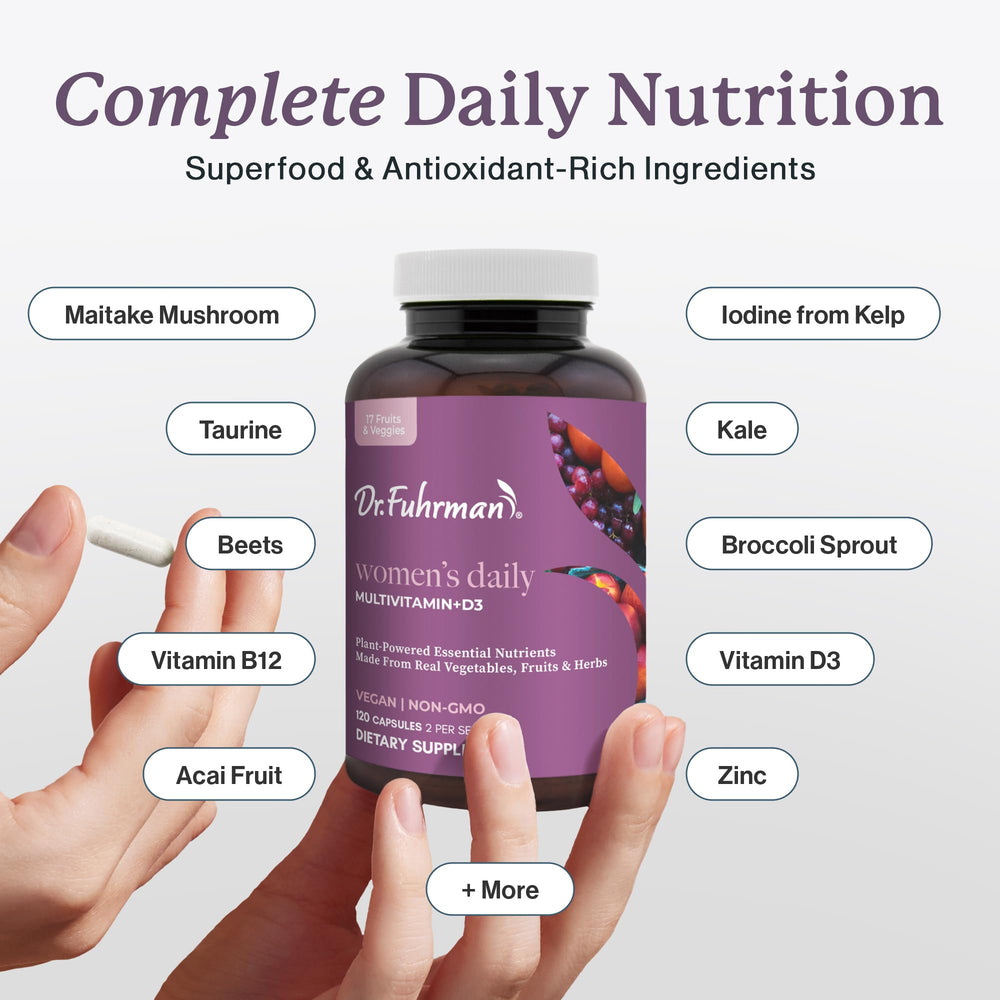 Ingredients of Dr. Fuhrman Women’s Multivitamin highlighting fruits and phytonutrients