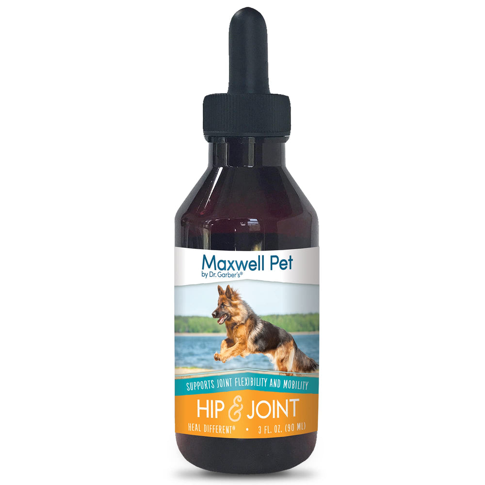DR.GARBER'S Maxwell Pet hip & joint drops bottle shows a natural biotherapy formula for dogs' mobility.