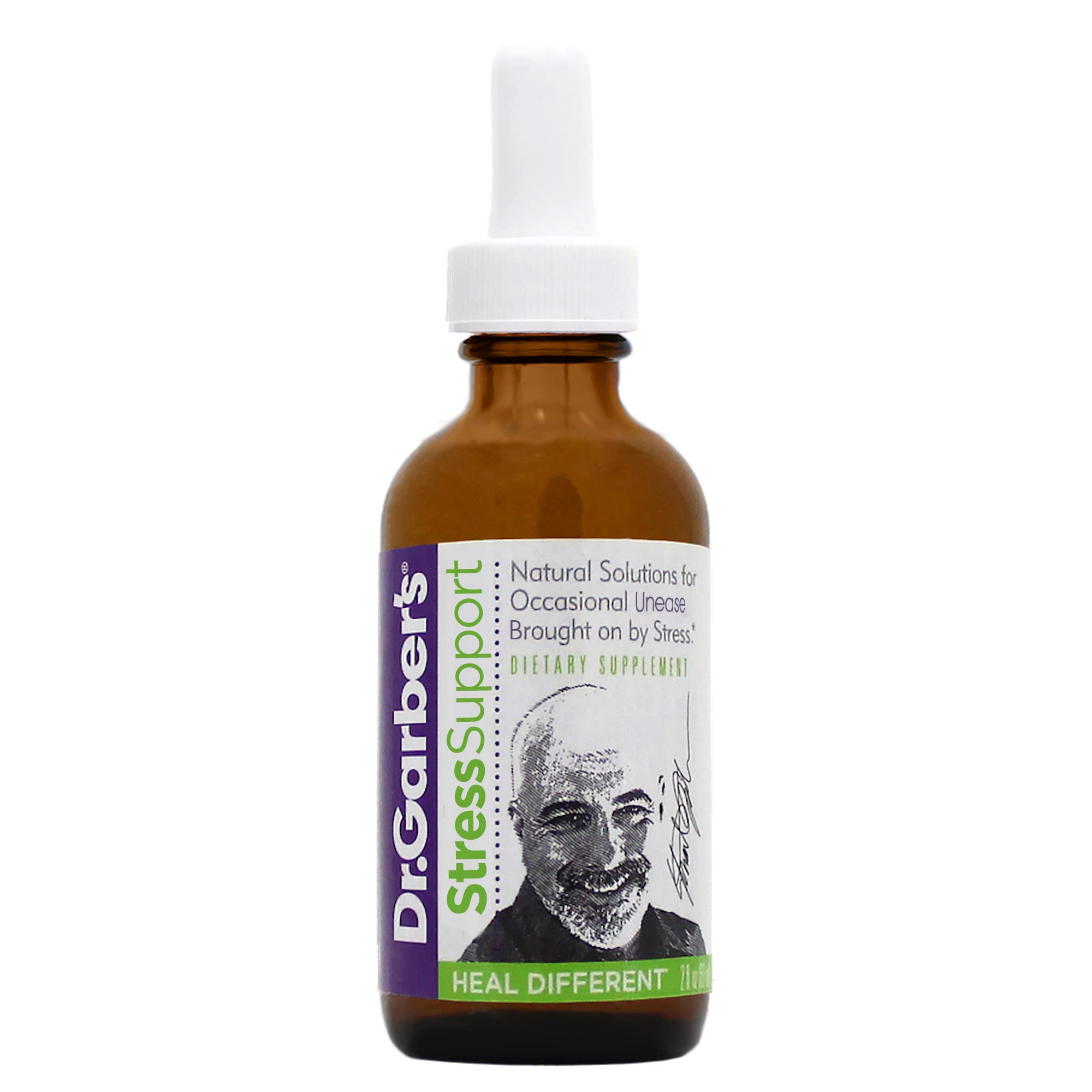 Dr. Garber's Stress Support bottle label highlights calming formula for daily balance
