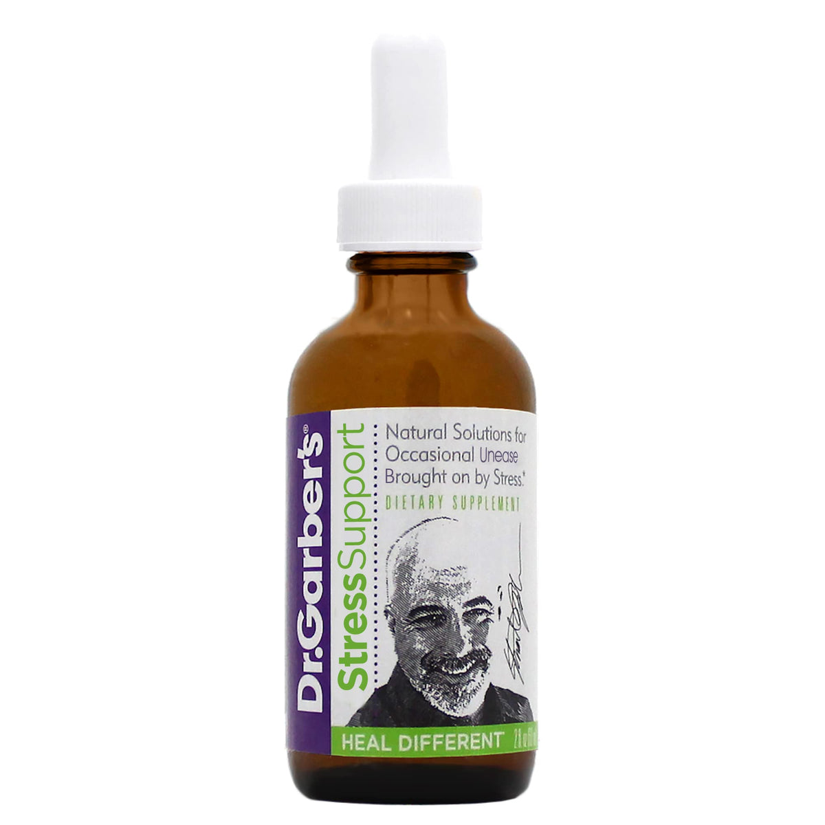 Dr. Garber's Stress Support bottle label highlights calming formula for daily balance