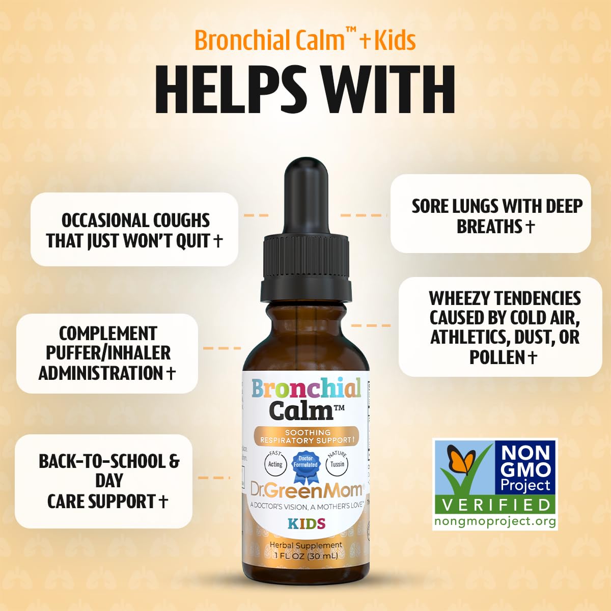 Dr. Green Mom Bronchial Calm Kids bottle pour demonstrates easy dosing.