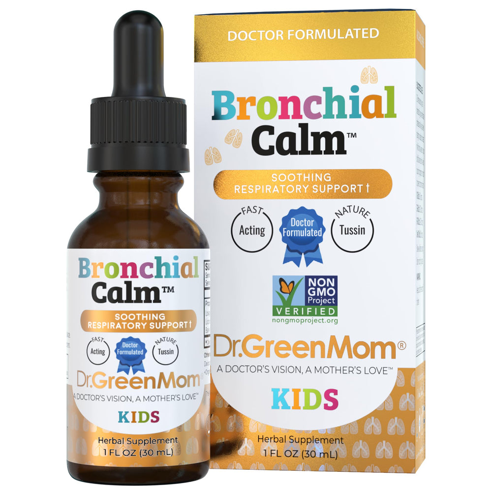 Dr. Green Mom Bronchial Calm Kids bottle ready for gentle respiratory support.