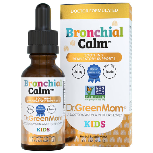 Dr. Green Mom Bronchial Calm Kids bottle ready for gentle respiratory support.