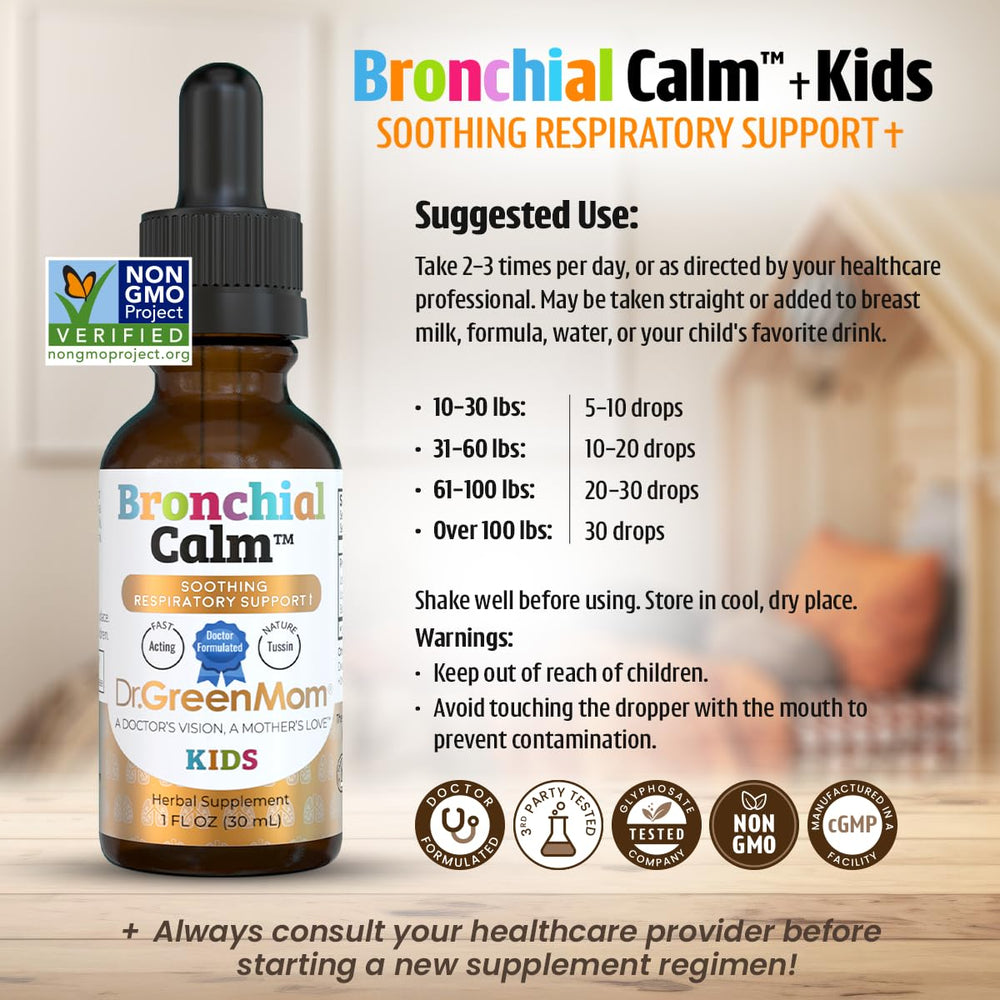 Dr. Green Mom Bronchial Calm Kids ingredients show herbal blend.
