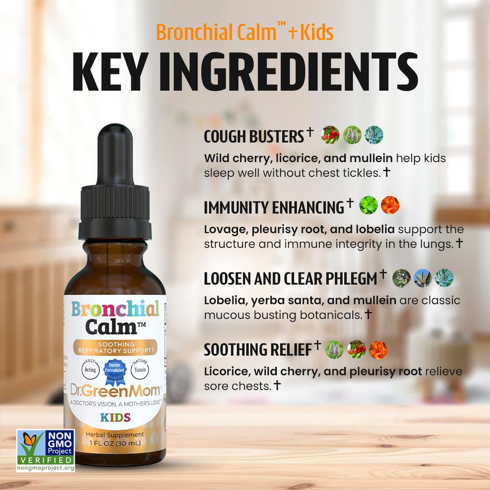 Dr. Green Mom Bronchial Calm Kids label front highlights clean ingredients.