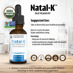Natal K Drops ingredient label showing USDA Organic, non-GMO quality