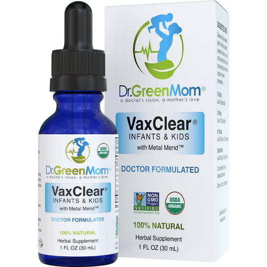 Dr. Green Mom VaxClear bottle front showing kid friendly detox solution.
