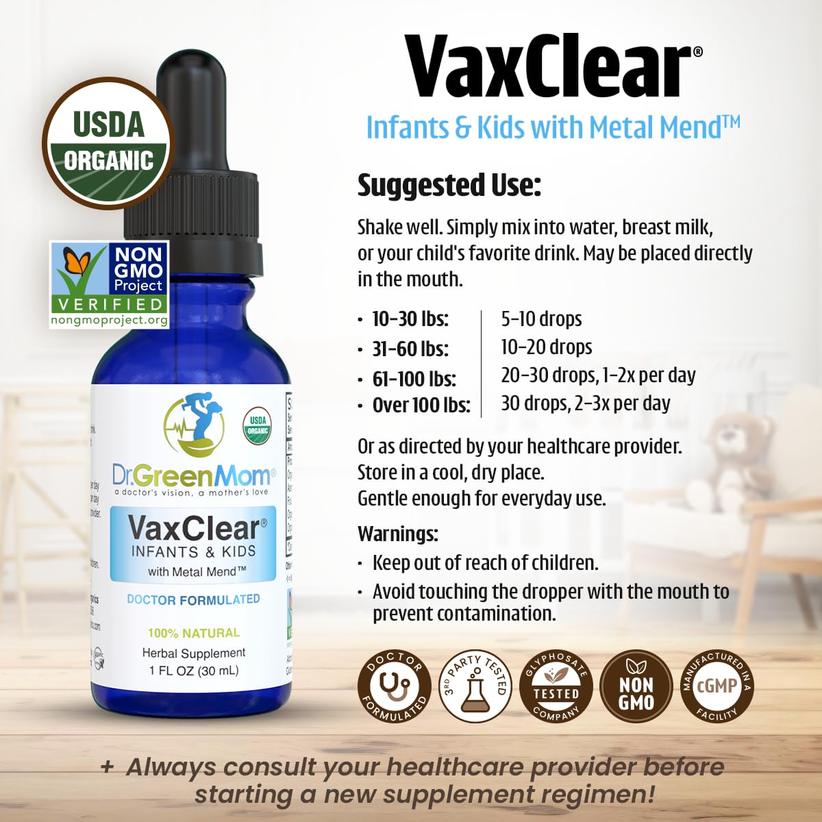 Closeup of VaxClear label highlighting organic, doctor formulated formula.