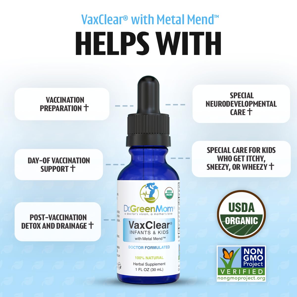 Liquid drops of Dr. Green Mom VaxClear ready to mix in drinks.