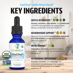Organic ingredients list for Dr. Green Mom VaxClear featuring chlorella and turmeric.