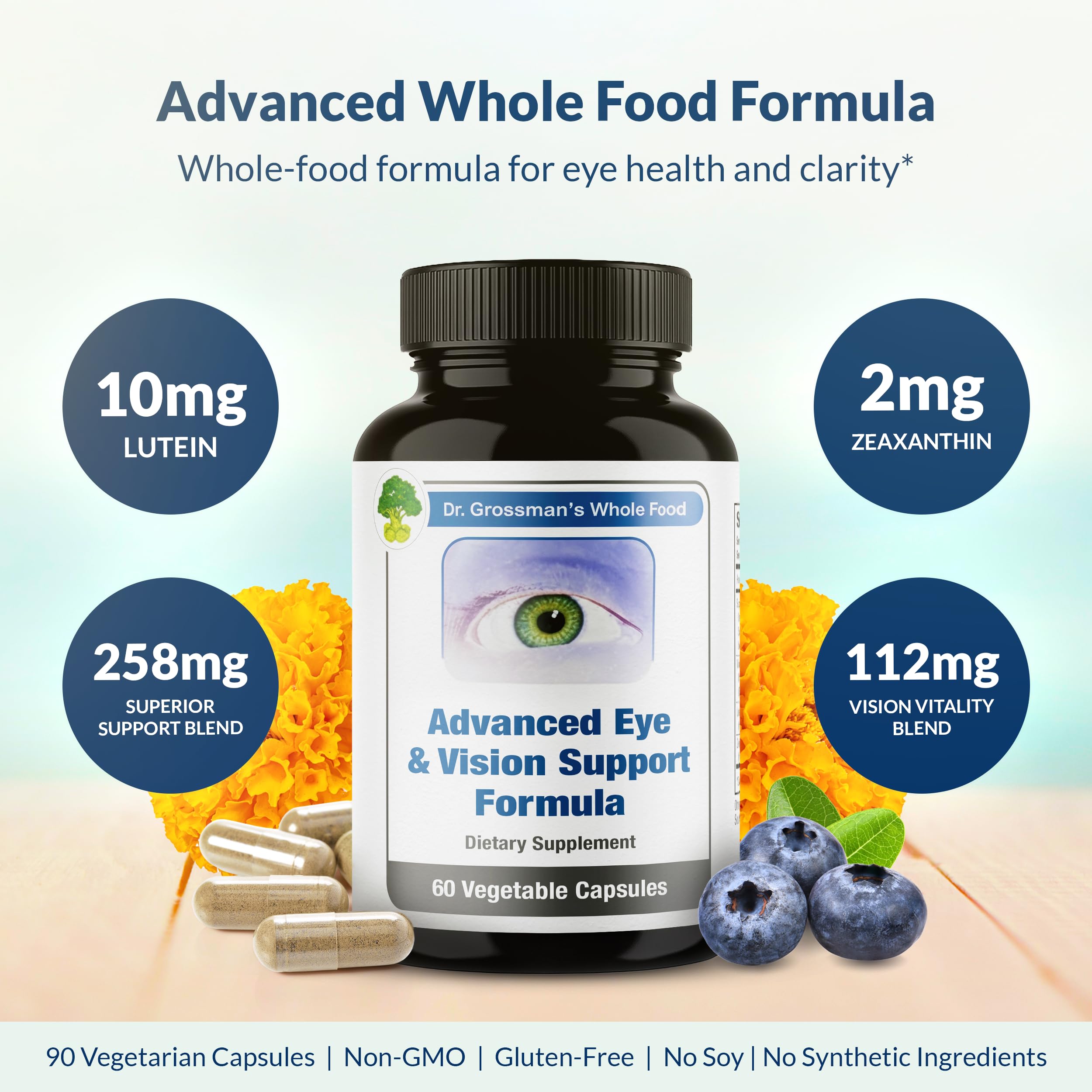 Dr. Grossman’s lutein and zeaxanthin capsules in focus.