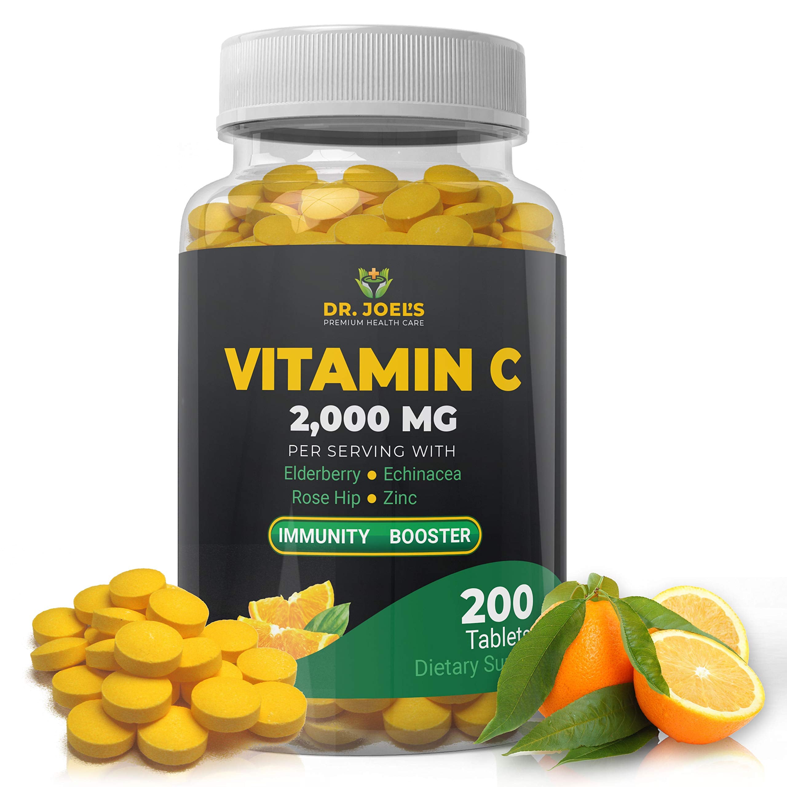 Dr. JOEL'S Immune Support bottle front shows 2000 mg vitamin C for daily immune support.