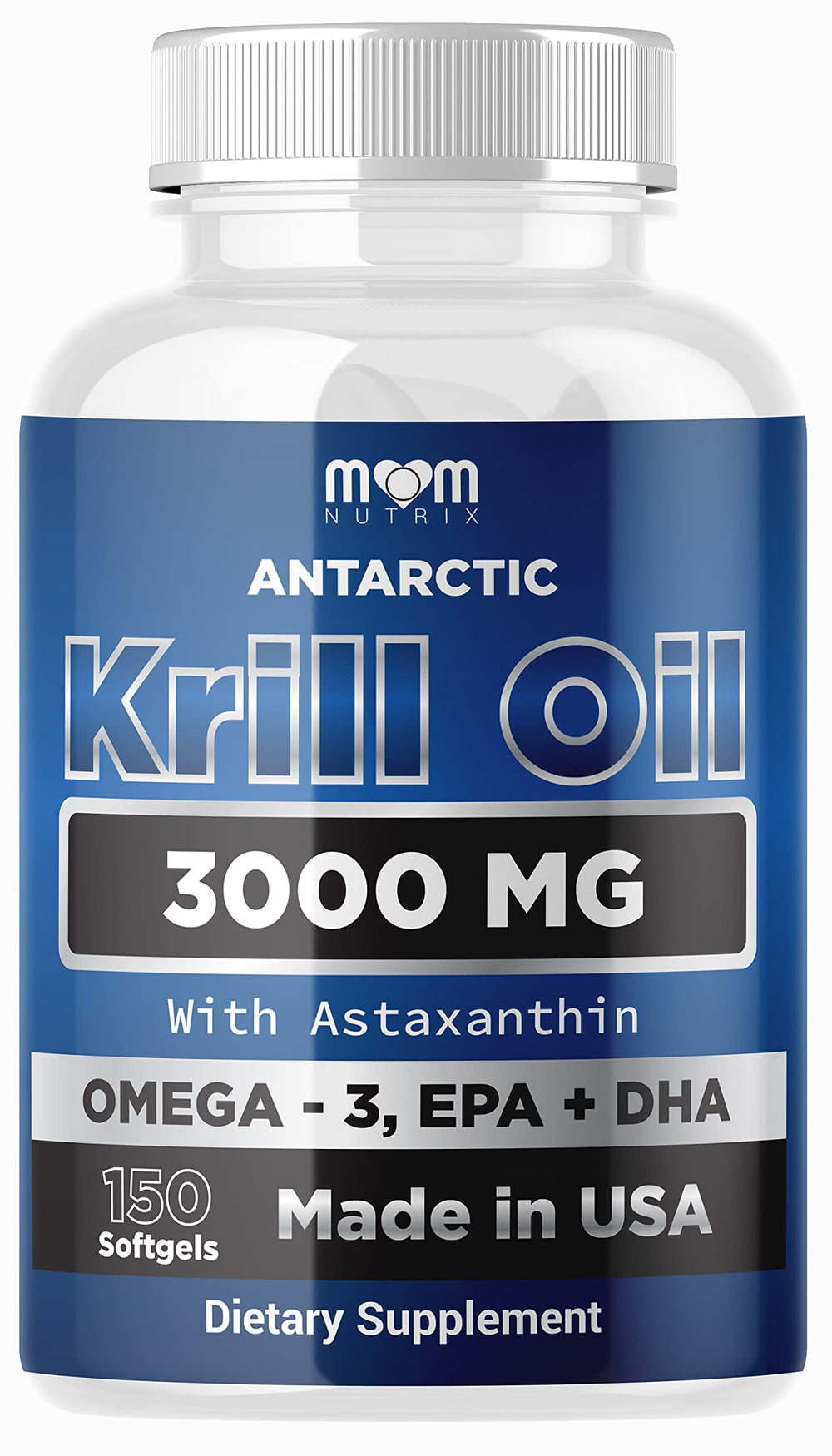 Dr. JOEL'S MOM NUTRIX Antarctic Krill Oil bottle highlighting EPA and DHA content for daily omega-3 intake