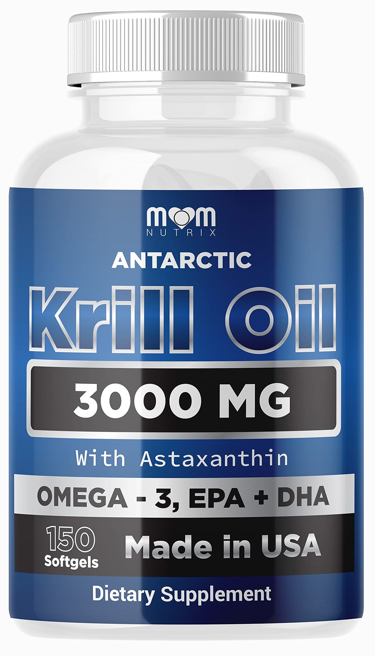 Dr. JOEL'S MOM NUTRIX Antarctic Krill Oil bottle highlighting EPA and DHA content for daily omega-3 intake