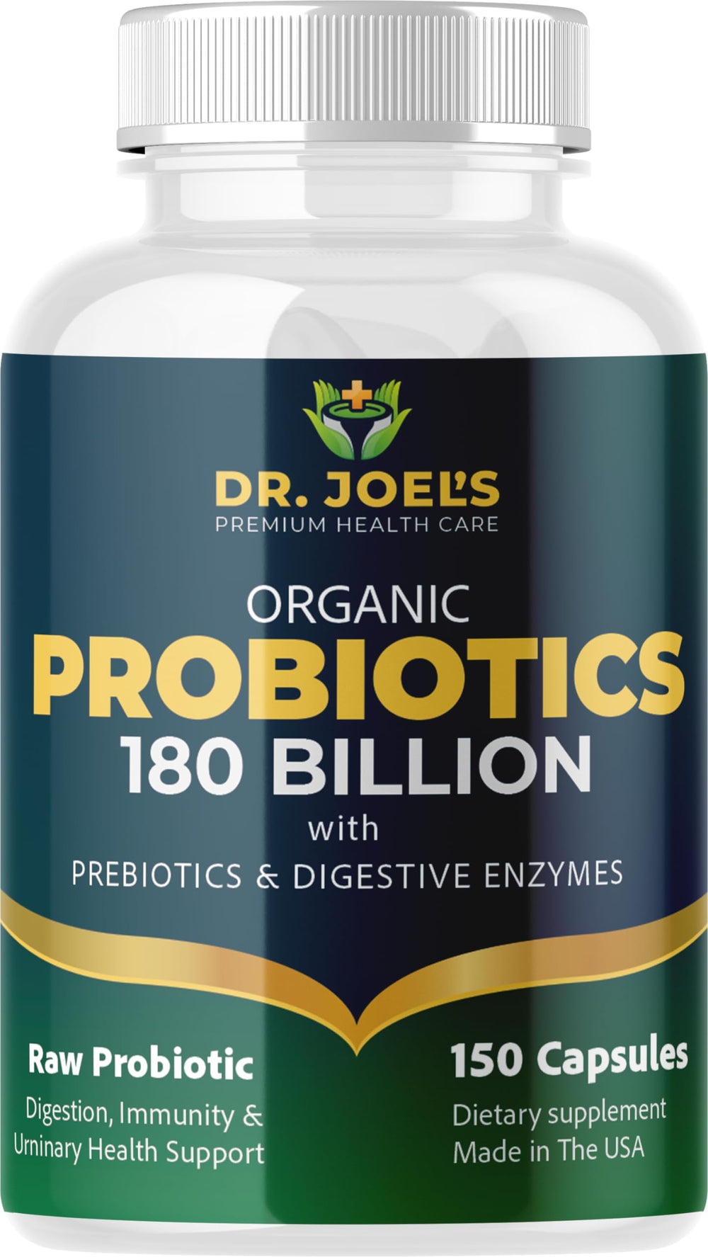 Dr. JOEL'S Organic Probiotics bottle shows 180B CFU for digestive balance and immune support