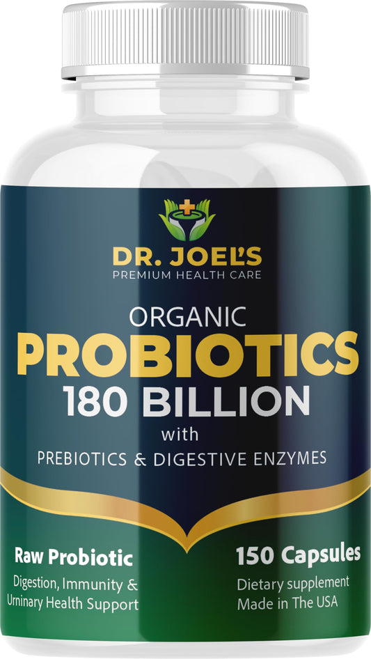 Dr. JOEL'S Organic Probiotics bottle shows 180B CFU for digestive balance and immune support