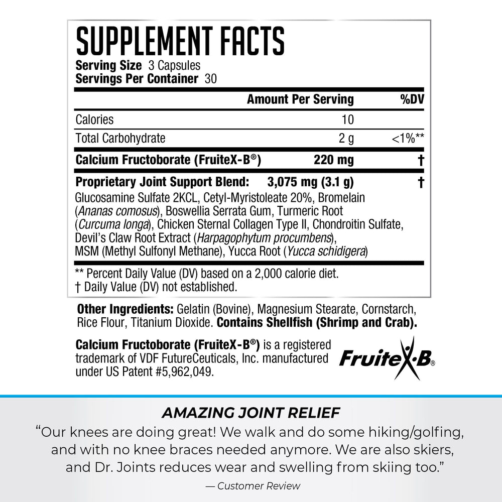 Close-up of Dr. Joints Advanced label highlighting FruiteX-B