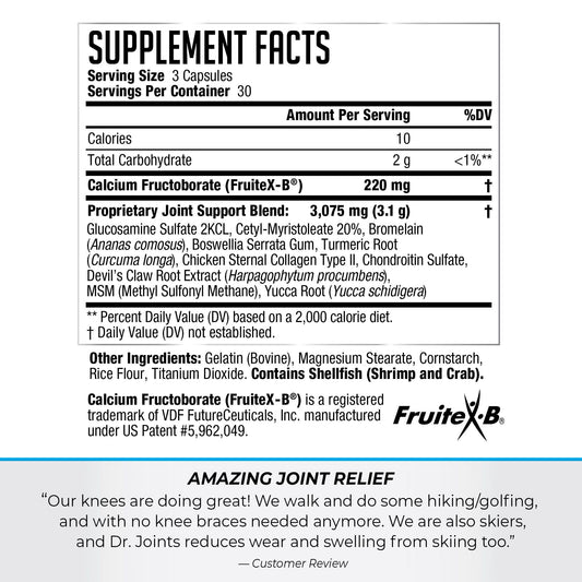 Close-up of Dr. Joints Advanced label highlighting FruiteX-B