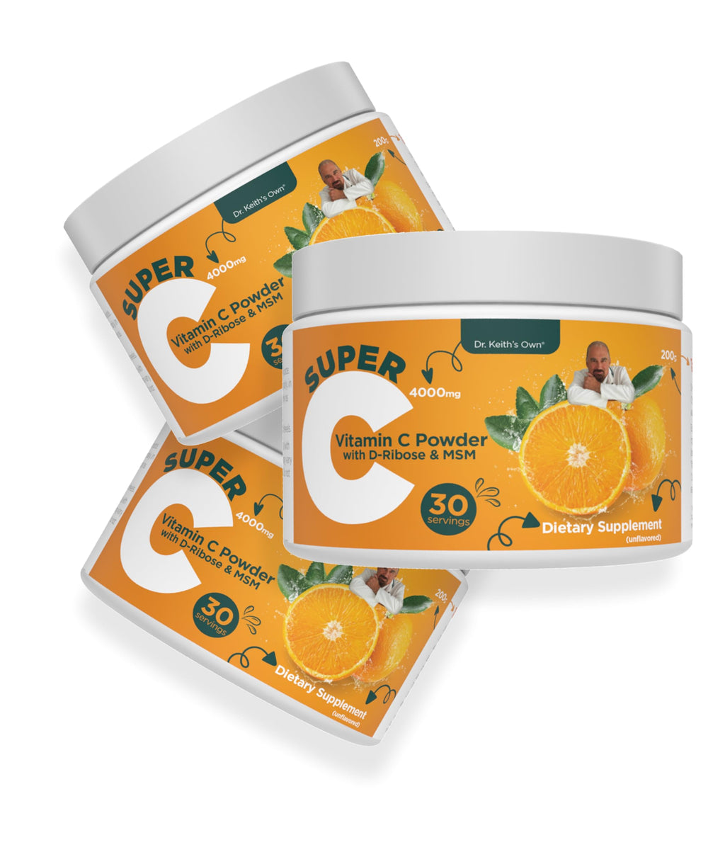 Dr. Keith's Own Super C unflavored powder in jar with scoop for easy mixing