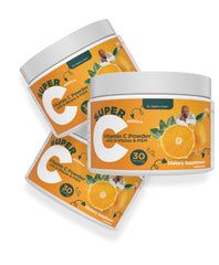 Dr. Keith's Own Super C unflavored powder in jar with scoop for easy mixing