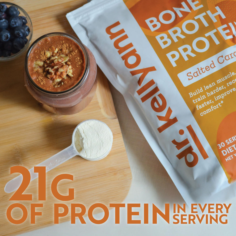 Dr. Kellyann Bone Broth Protein pouring shot showing smooth, sugar-free formula.