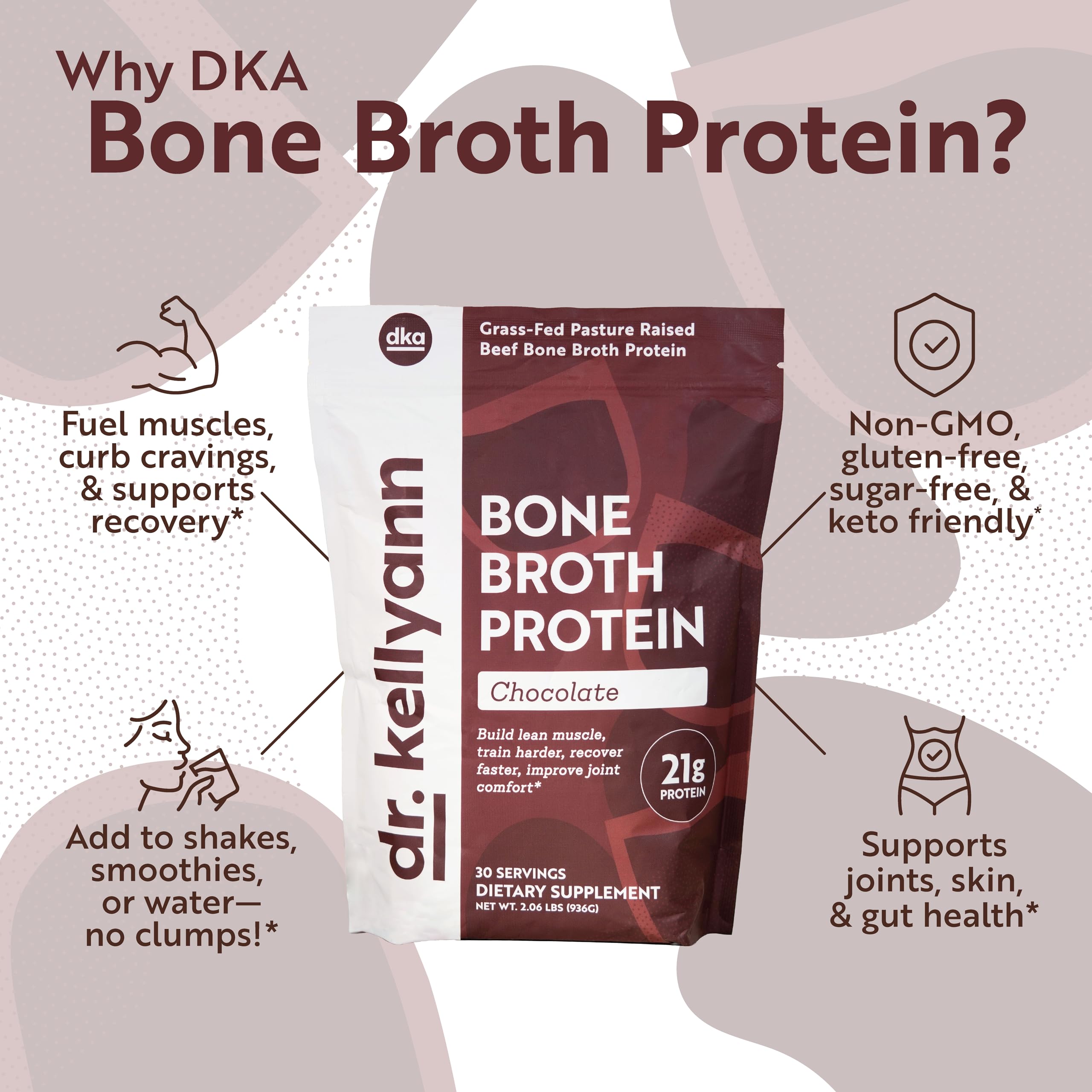 Measuring scoop beside the Dr. Kellyann Bone Broth Protein Powder Chocolate on a kitchen counter.