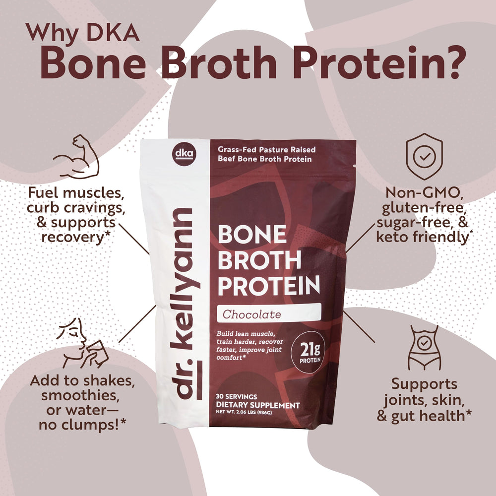 Measuring scoop beside the Dr. Kellyann Bone Broth Protein Powder Chocolate on a kitchen counter.