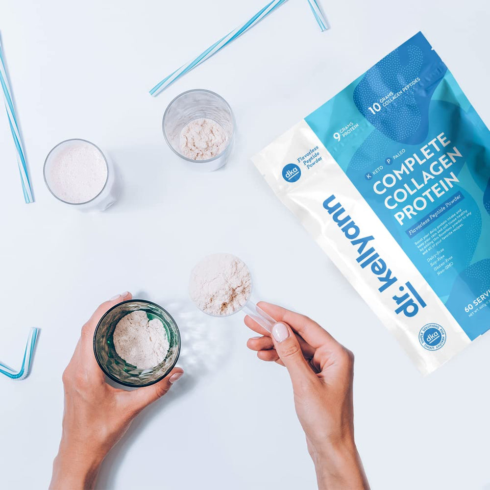 Dr. Kellyann collagen packaging emphasizes quality and simplicity on a kitchen counter