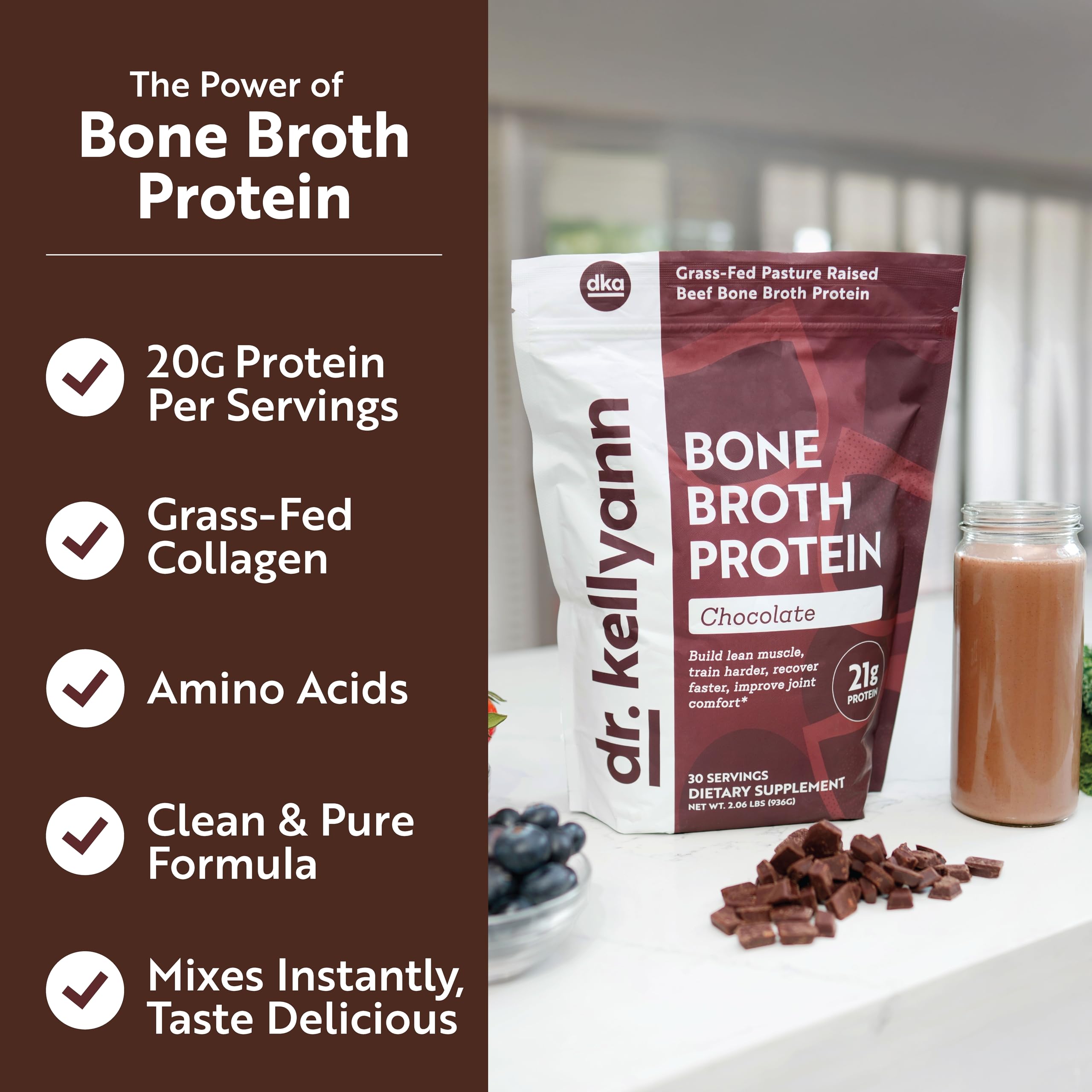 Blender with Dr. Kellyann Keto Bone Broth Protein Powder Chocolate ready for smoothies.