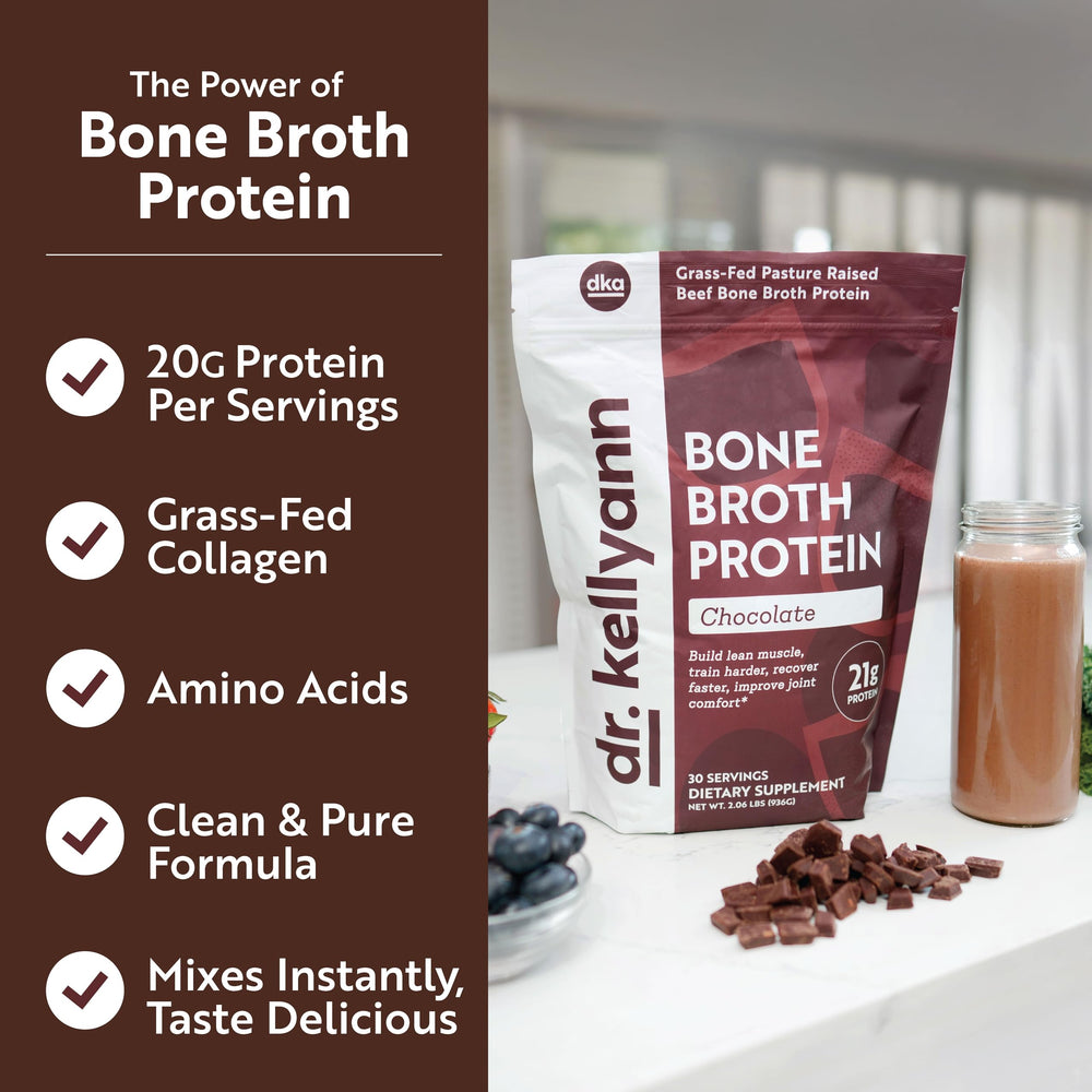 Blender with Dr. Kellyann Keto Bone Broth Protein Powder Chocolate ready for smoothies.