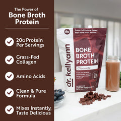 Blender with Dr. Kellyann Keto Bone Broth Protein Powder Chocolate ready for smoothies.