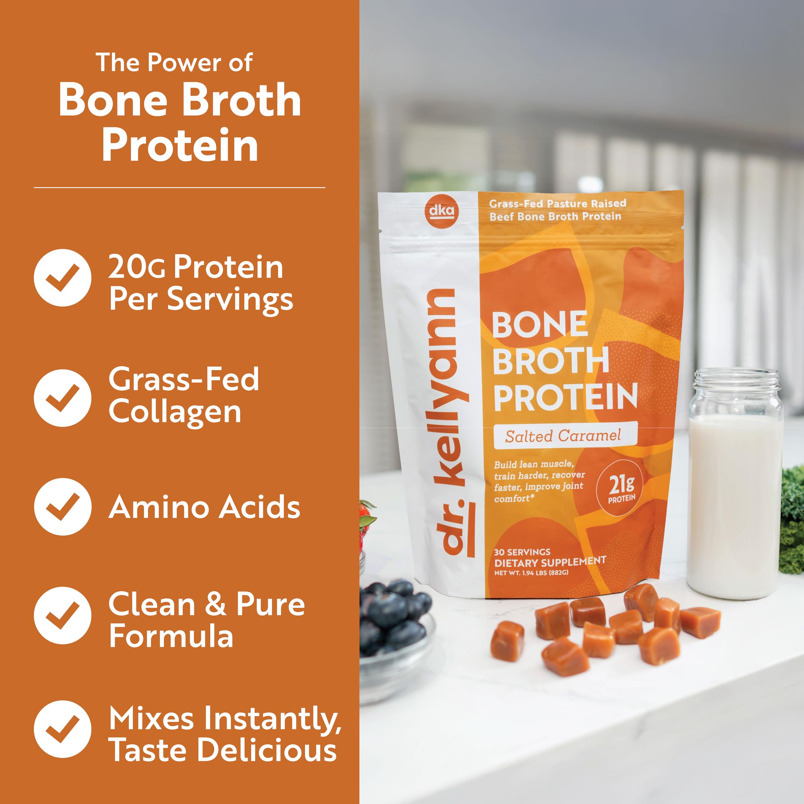 Dr. Kellyann packaging label close-up highlighting grass-fed collagen benefits.