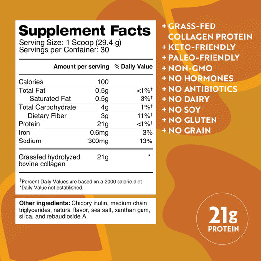 Dr. Kellyann Salted Caramel protein powder with scoop for convenient keto nutrition.