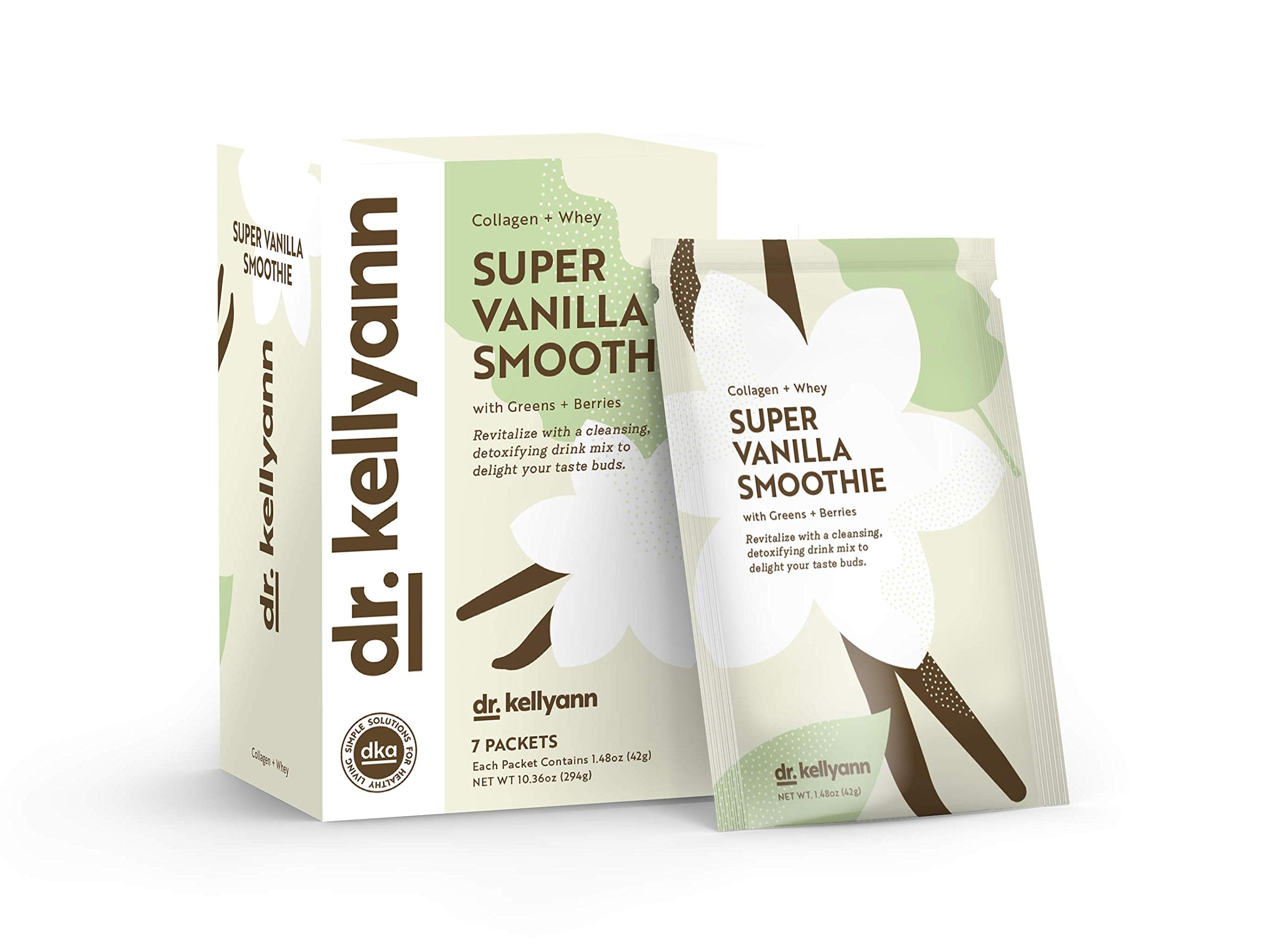 Dr. Kellyann Super Vanilla Collagen Smoothie 7-pack packaging highlights convenience for busy days.