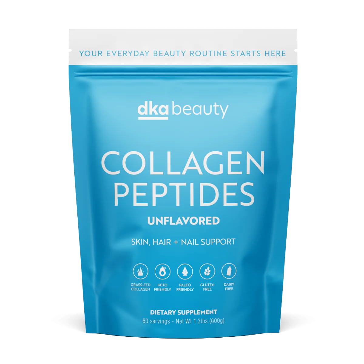 Dr. Kellyann unflavored collagen powder bottle shows grass-fed formula for daily wellness