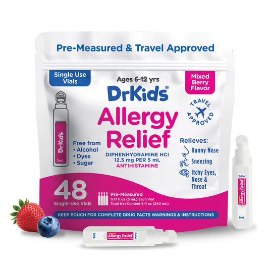 Dr. Kids allergy relief box with pre-measured vial for children aged 6 to 12.
