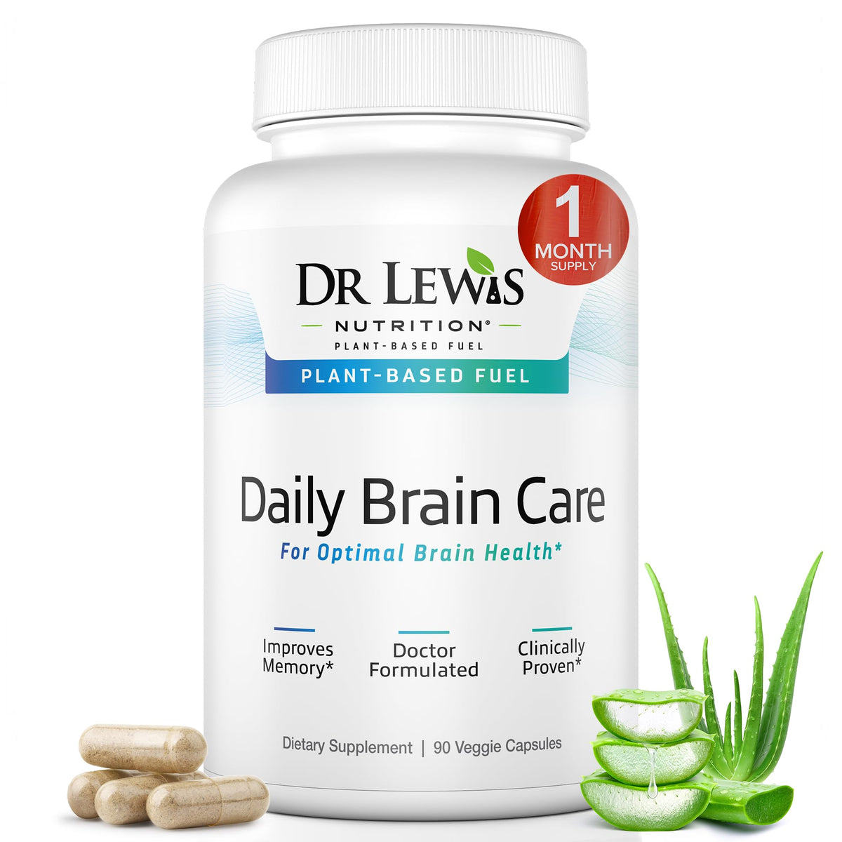 Dr Lewis Daily Brain Care bottle with capsules for focused days
