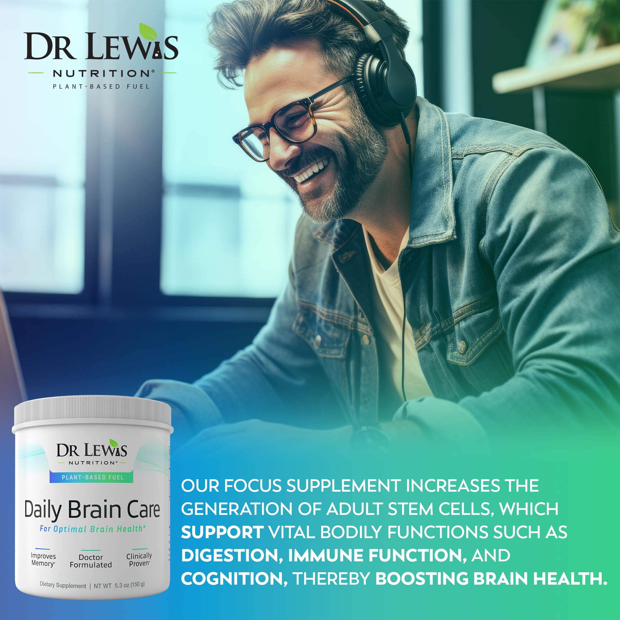 Dr Lewis Daily Brain Care powder in glass emphasizes convenient daily use.