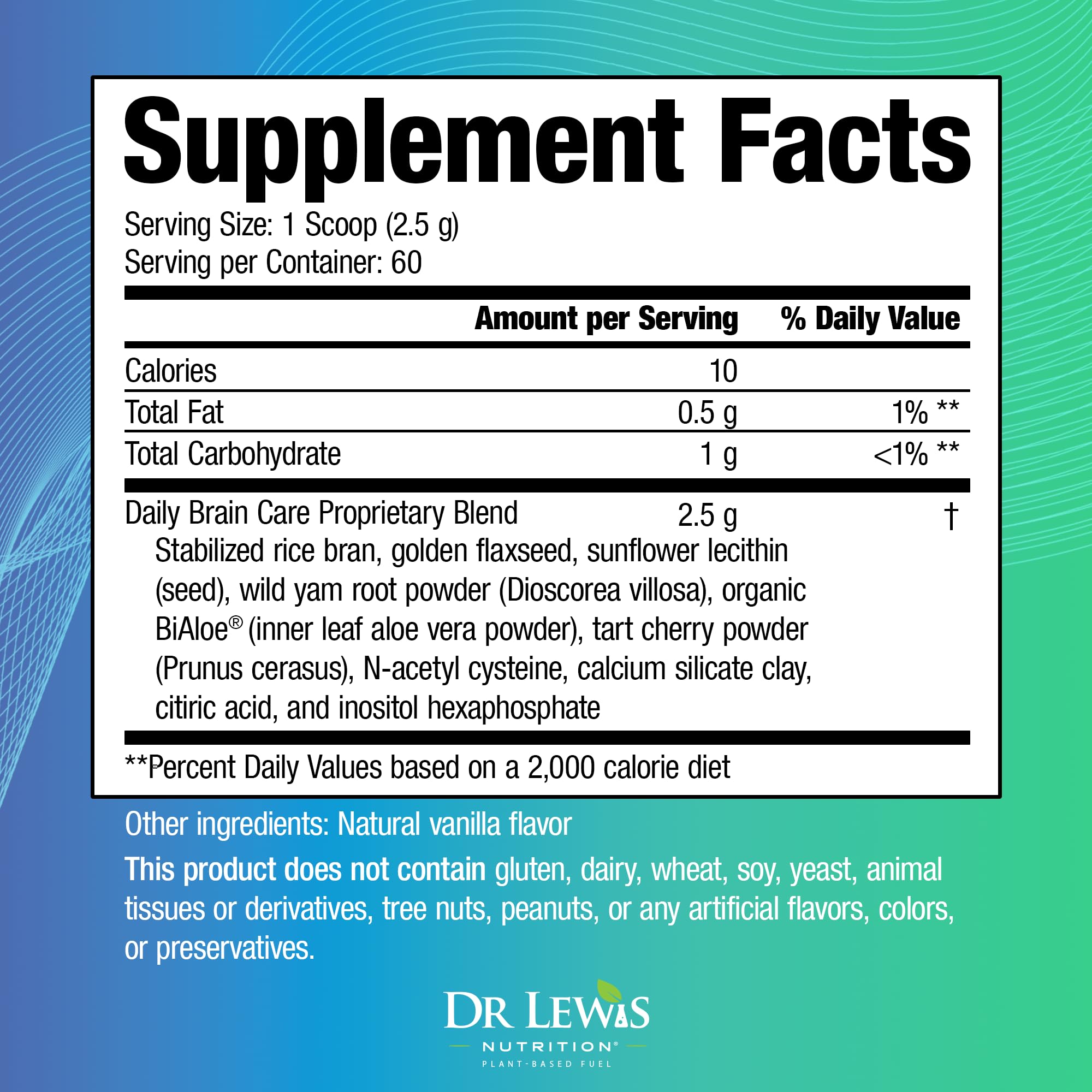 Dr Lewis Daily Brain Care powder scoop emphasizes easy daily dosing for sustained energy.