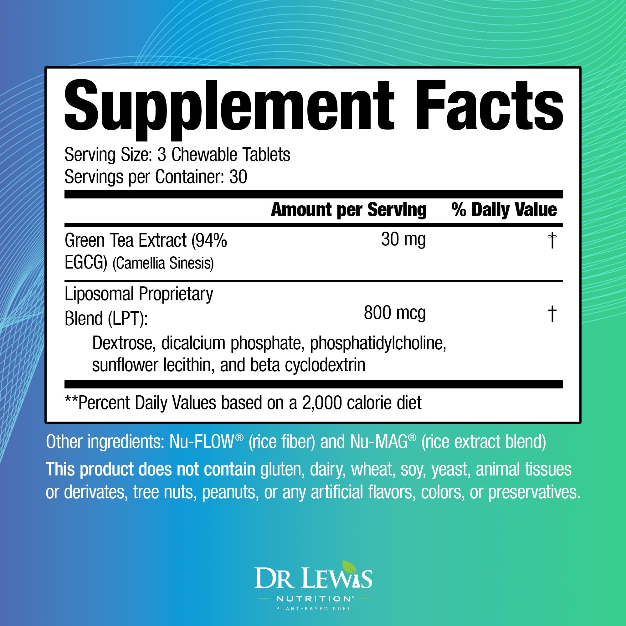 Dr Lewis Nutrition decaf green tea extract chewables package shows vegan, gluten-free formula.