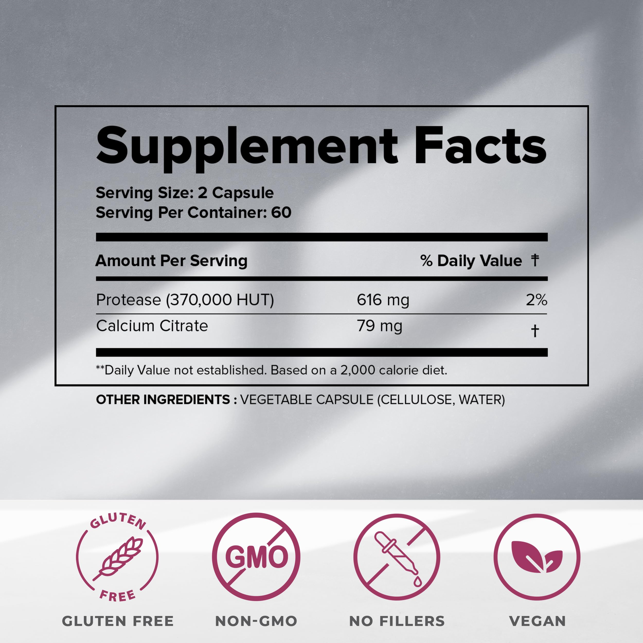 Ingredients graphic highlights calcium citrate and protease enzymes in the formula